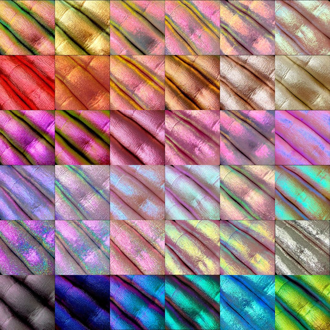 A grid of 49 close-up images of lips, each pair wearing different iridescent, metallic, or shimmery lipstick shades in vibrant colors like pink, blue, gold, green, purple, and silver.