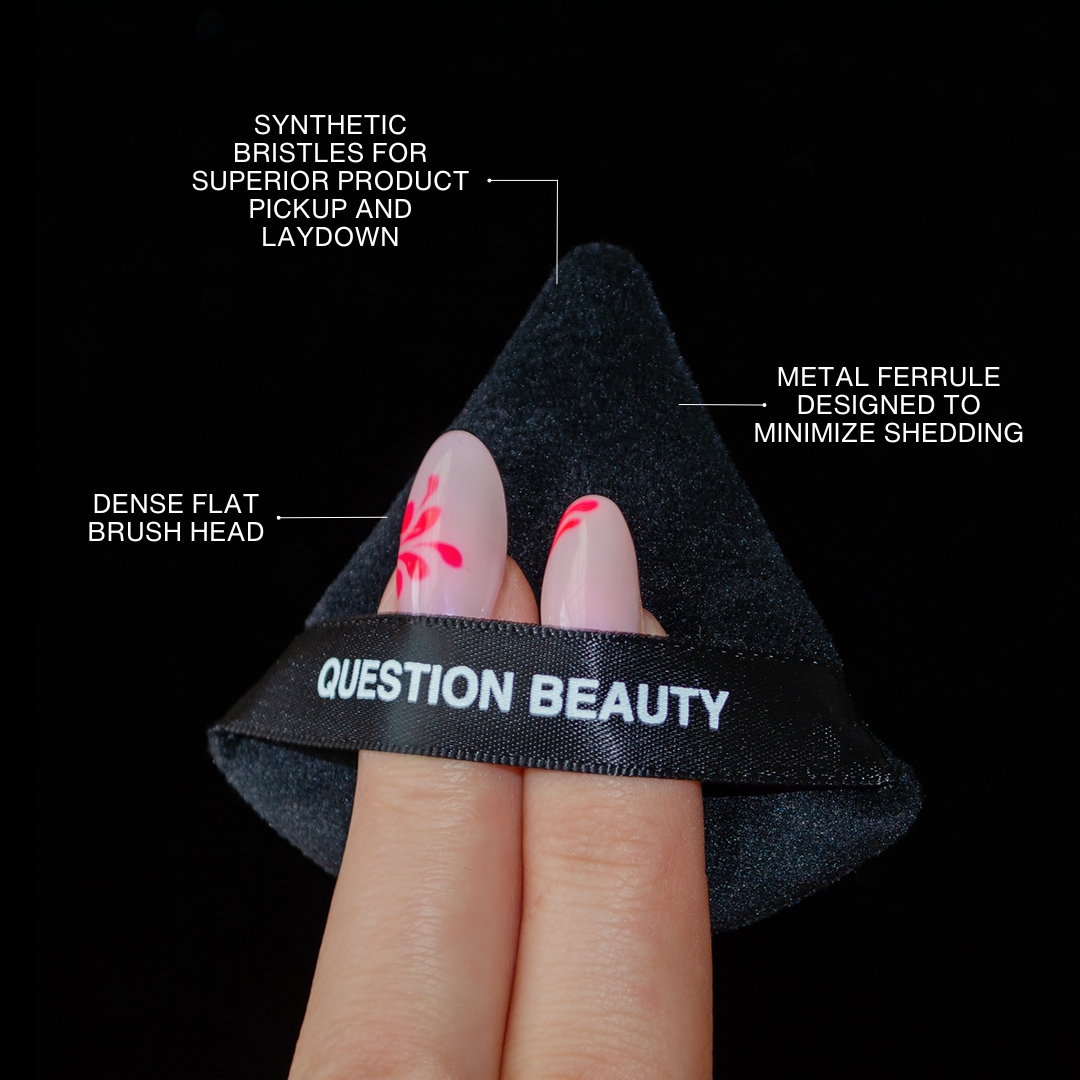 Two fingers hold a triangular black powder puff with the words Question Beauty printed on its handle.