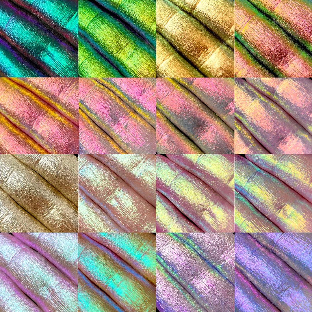 A 4 by 4 grid displaying fingers with various shades of glitter.