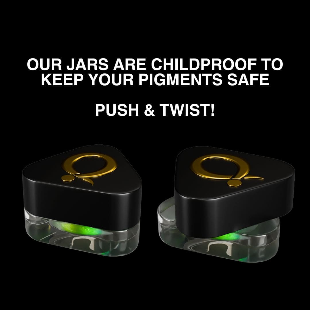 Two black and gold jars with childproof push and twist lids are placed side by side.