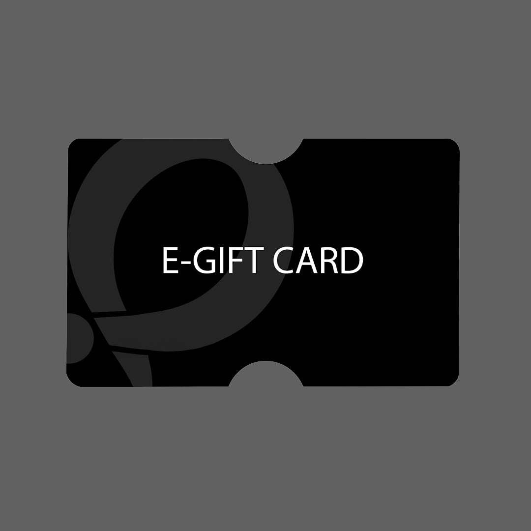 A black gift card with white text reading E-GIFT CARD is shown on a dark gray background.