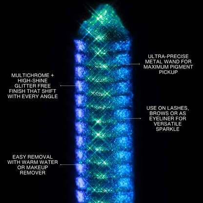 Close-up of Turquoise Oasis mascara topper against a black background