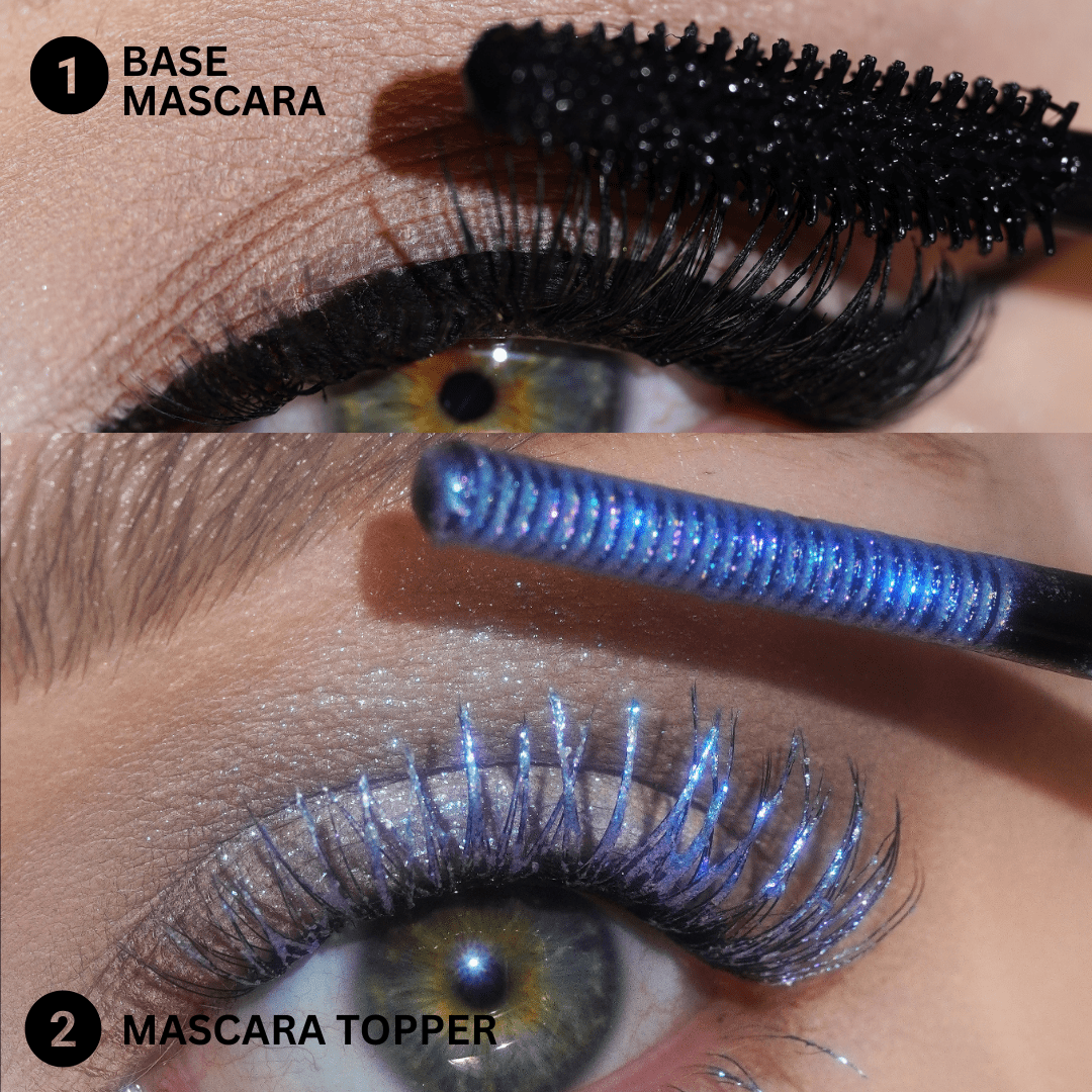 Close-up of an eye with black mascara followed by frosty lilac shimmer on the lashes