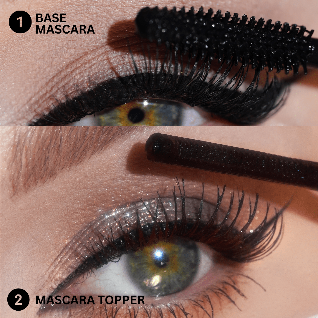 Close-up of an eye with dark mascara showing two visibly layered coats on the lashes