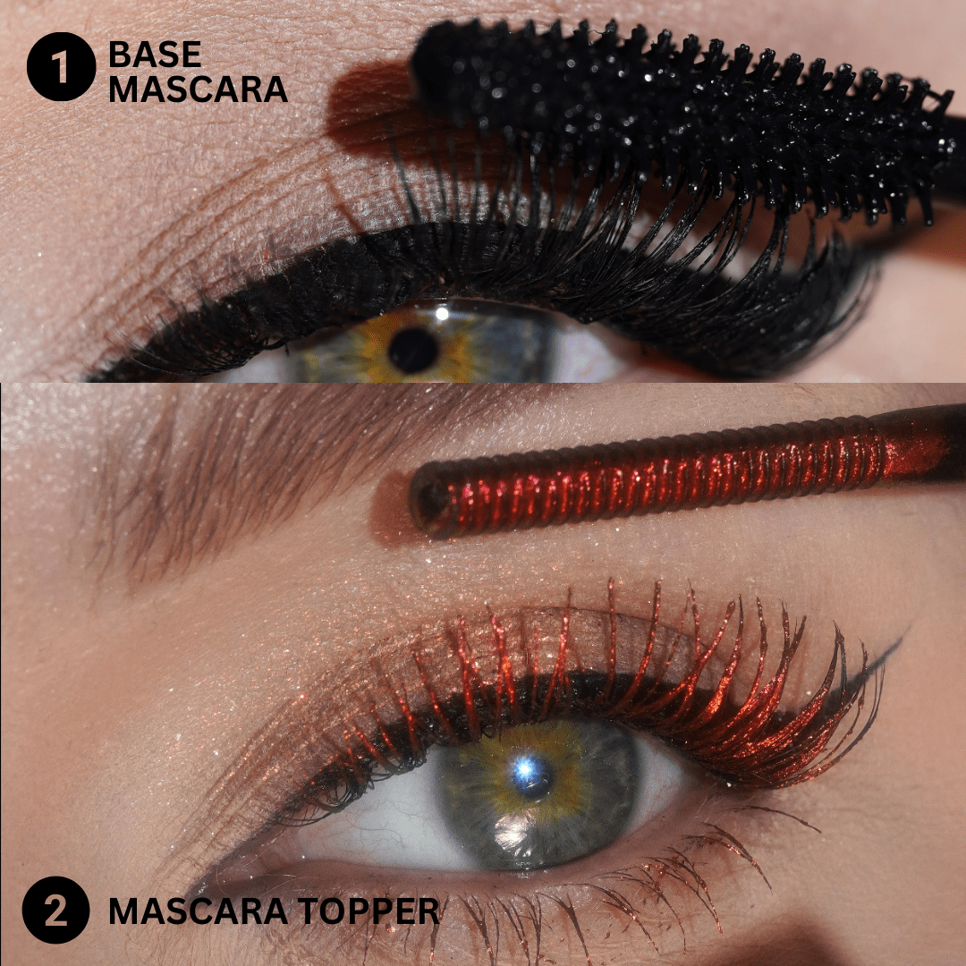Close-up of an eye with black mascara and Mascara Topper Bronze Mirage applied over the lashes.