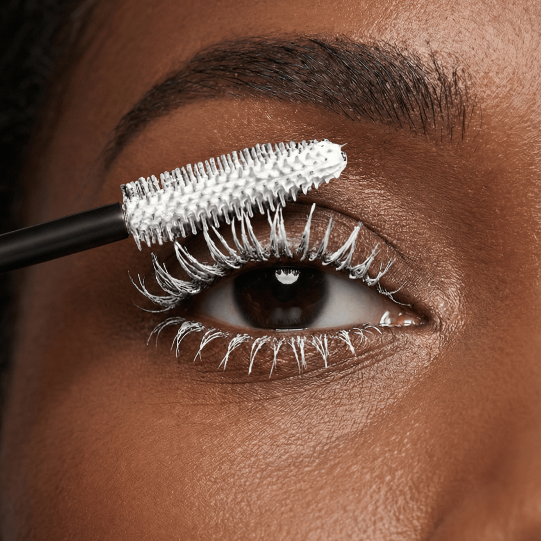 Close-up of a person applying white mascara labeled to their eyelashes.