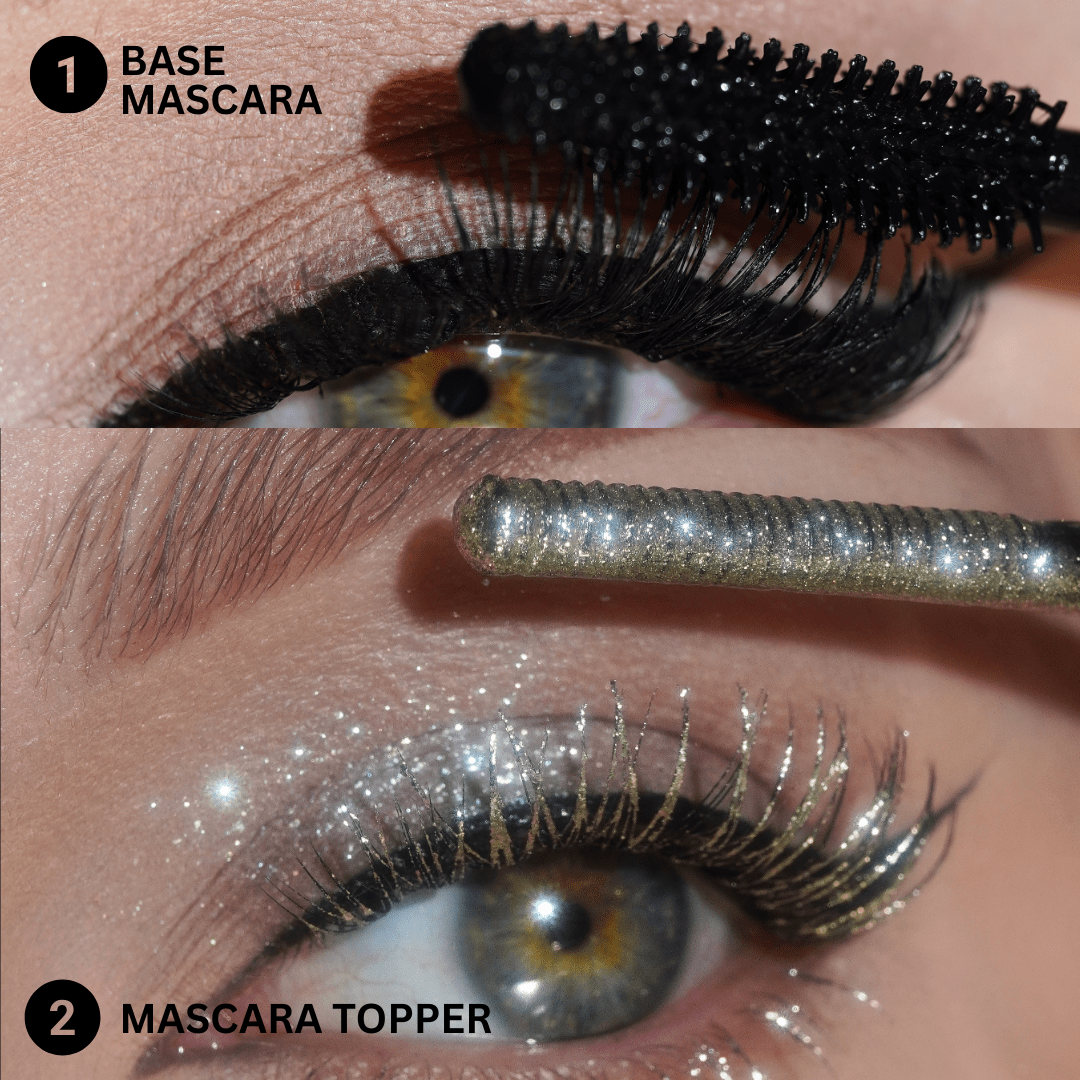 Close-up of an eye with glittery silver mascara on the lashes