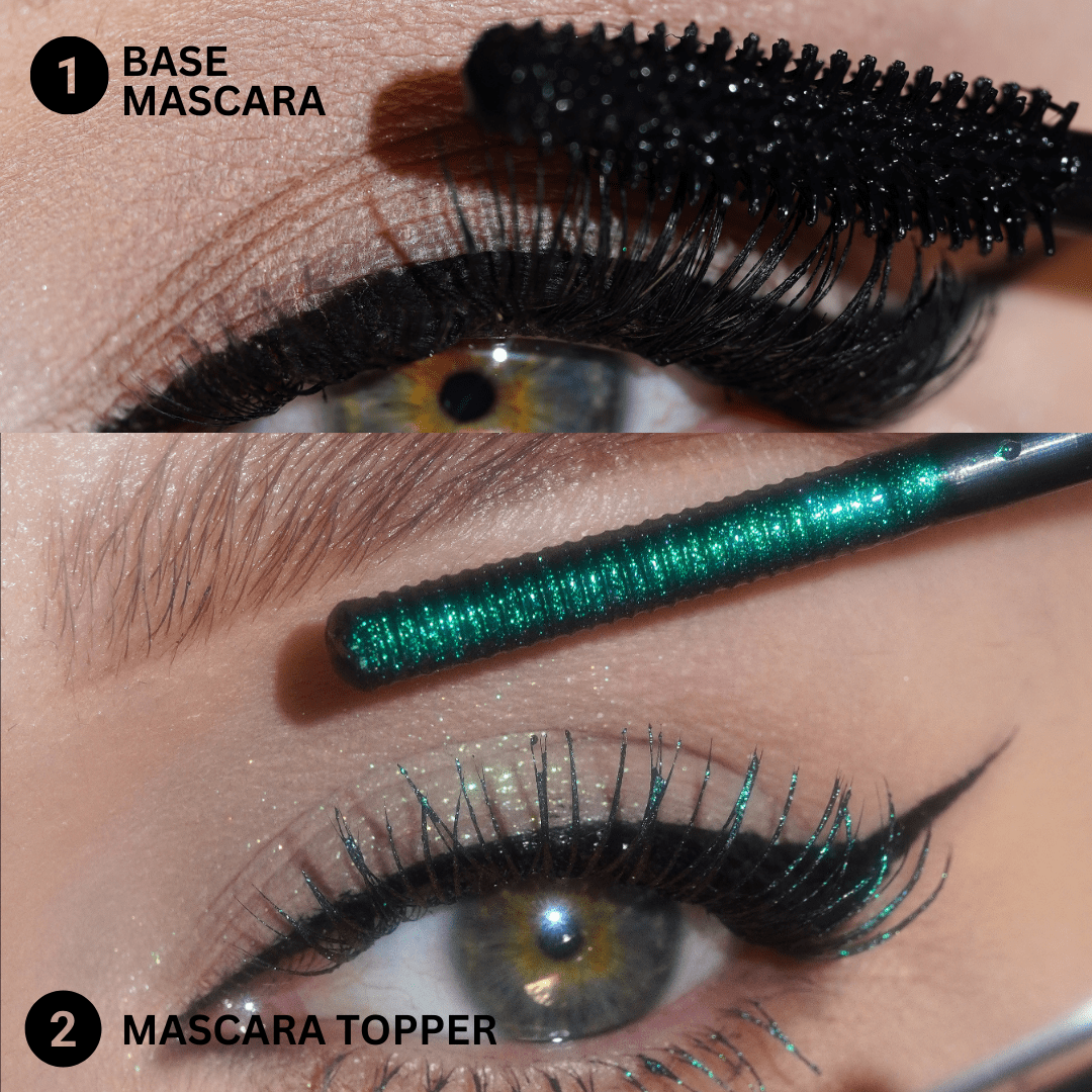 Close-up of eyelashes coated with black mascara and a layer of shimmery green