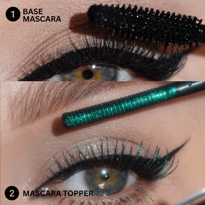 Close-up of eyelashes coated with black mascara and a layer of shimmery green