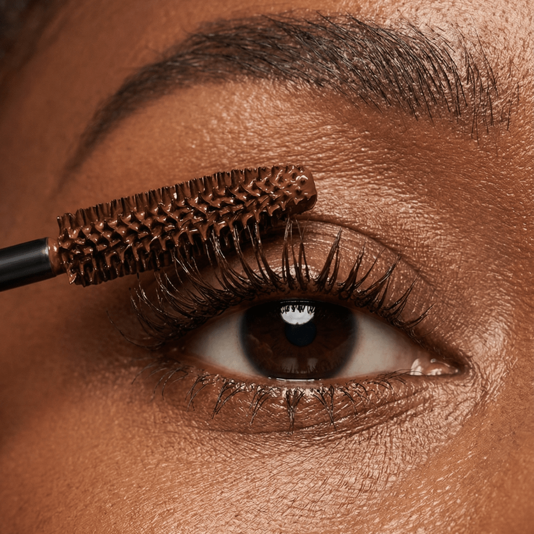 A close-up shows a person applying brown mascara to their upper eyelashes.