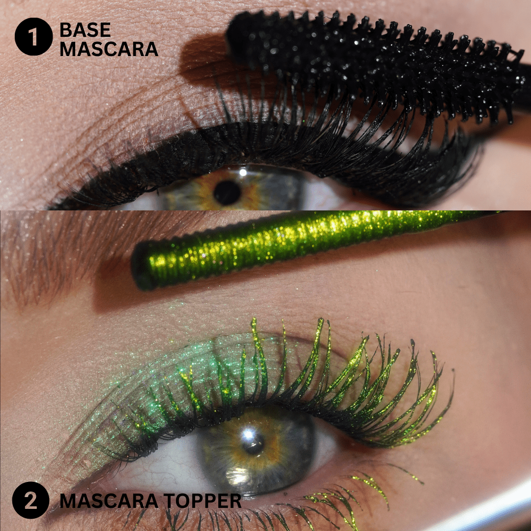 Close-up of an eye with lashes coated in black mascara and a layer of Mascara Topper Jungle Mirage visible on the lashes.