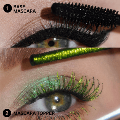 Close-up of an eye with lashes coated in black mascara and a layer of Mascara Topper Jungle Mirage visible on the lashes.
