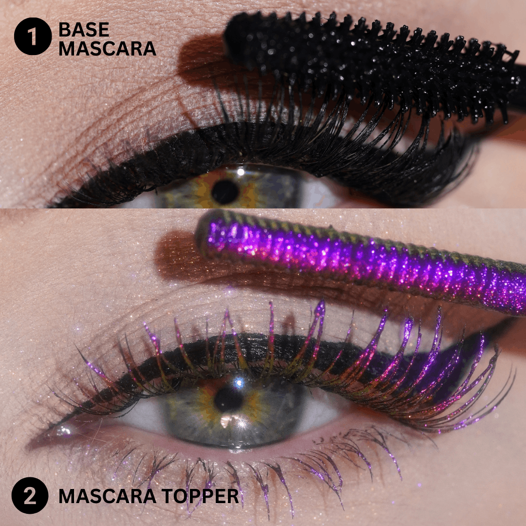 Close-up of an eye with black mascara on lashes followed by a second close-up of bold purple mascara layered on top of the black mascara