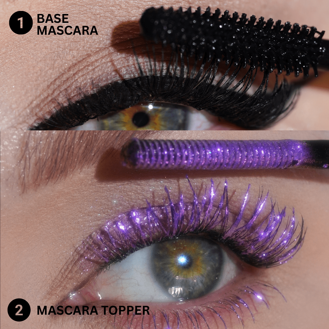 Split image with top showing lashes with black mascara and bottom showing lashes layered with a pink opaline mascara topper.