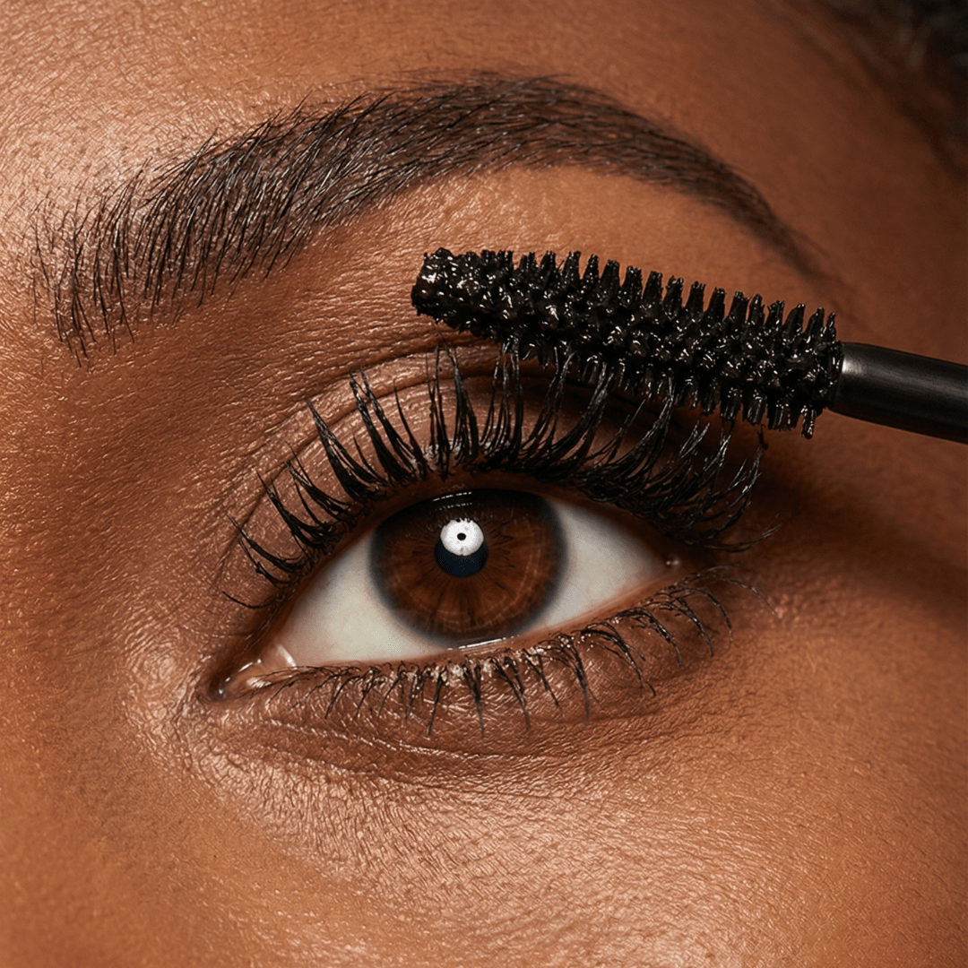 A close-up shows black mascara being applied to long eyelashes.