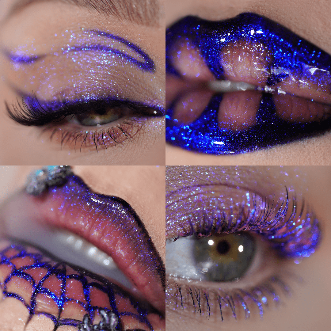 A 2 by 2 grid showing lips and eyes with dark blue glitter.