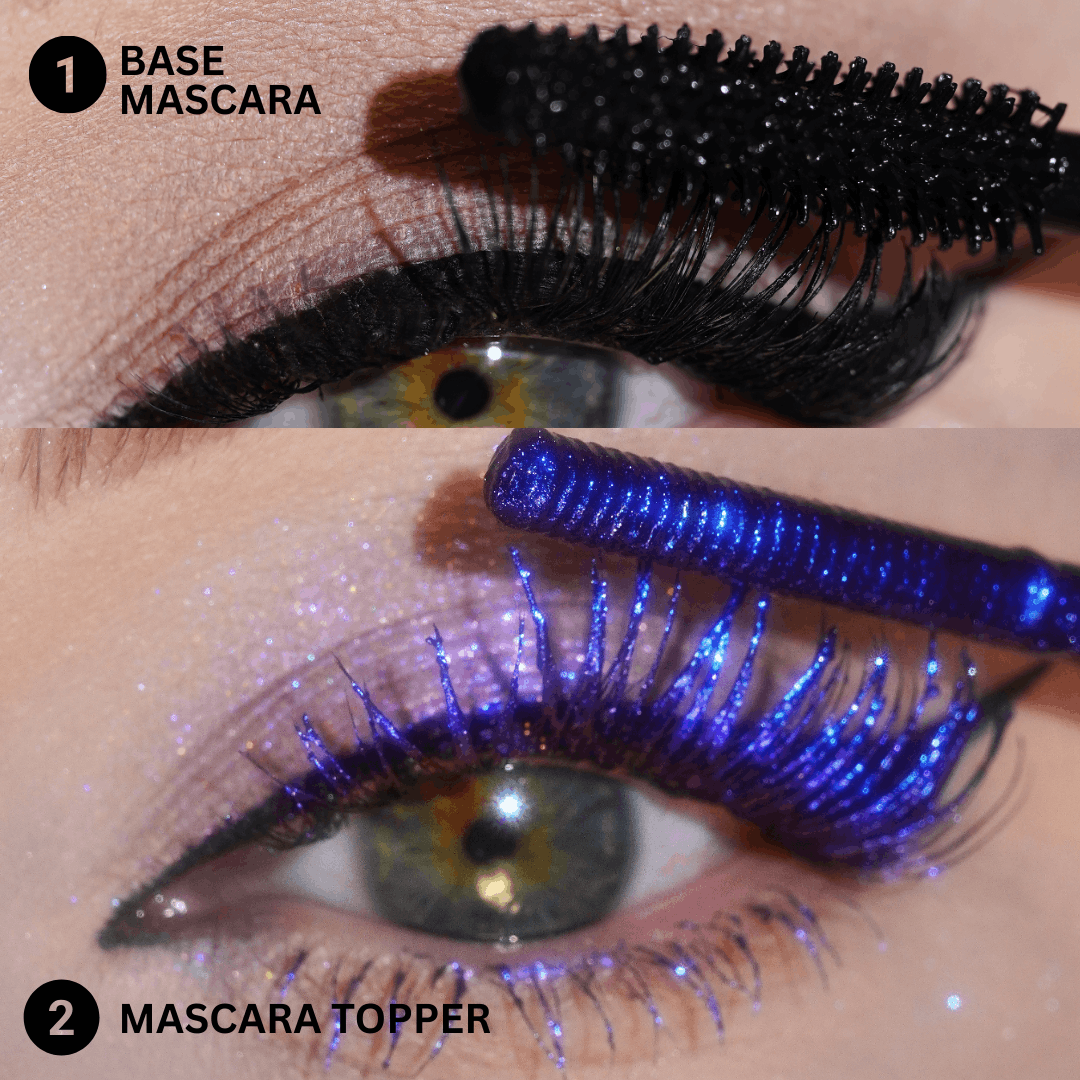 Close-up of an eye with black mascara applied, then purple Mascara Topper Twilight Serenade added in labeled steps.
