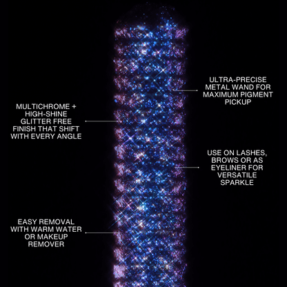 Close-up of a multichrome glitter mascara wand coated with Twilight Serenade against a plain black background.