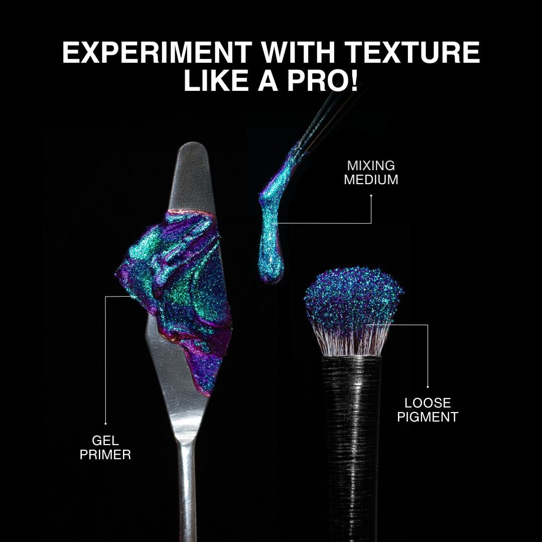 Gel primer, loose pigment, and mixing medium are arranged on a black background.