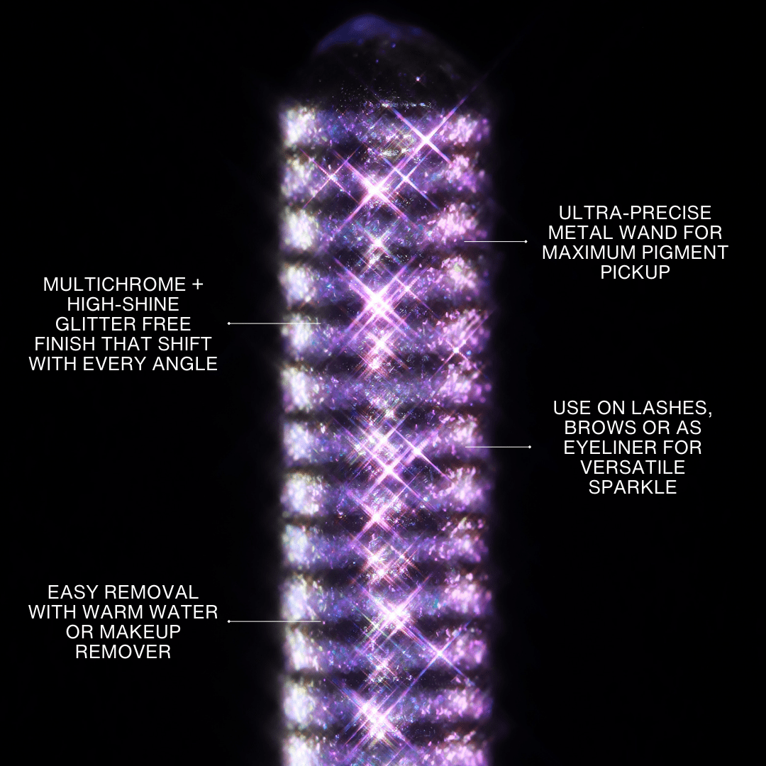 A sparkling multichrome mascara wand with purple and pink glitter is shown.