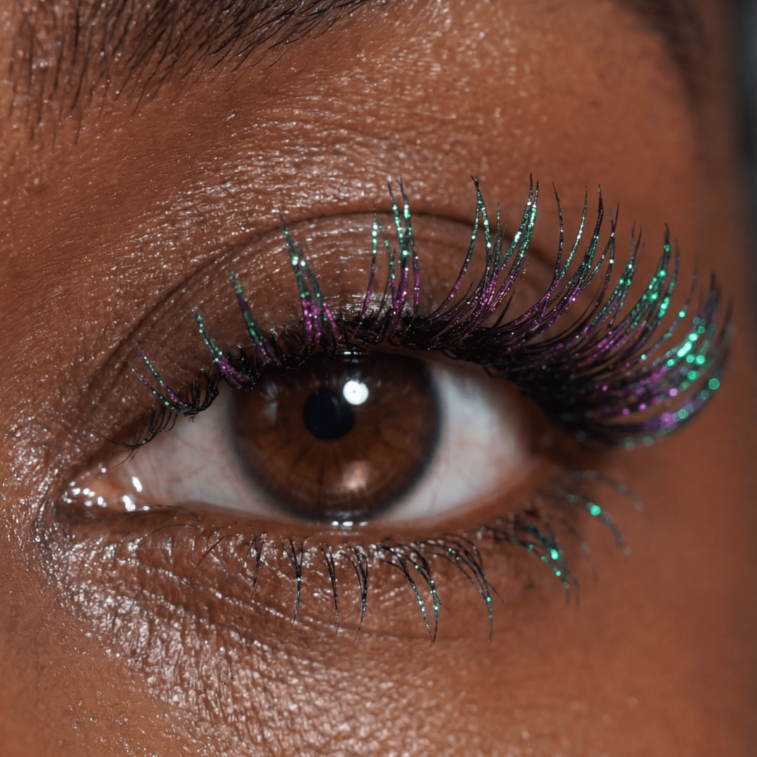 Close-up of a brown eye with long lashes coated in green and purple duo-chrome mascara.