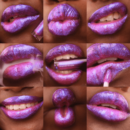 Collage showing close-ups of lips wearing shimmery purple and blue iridescent lip gloss.