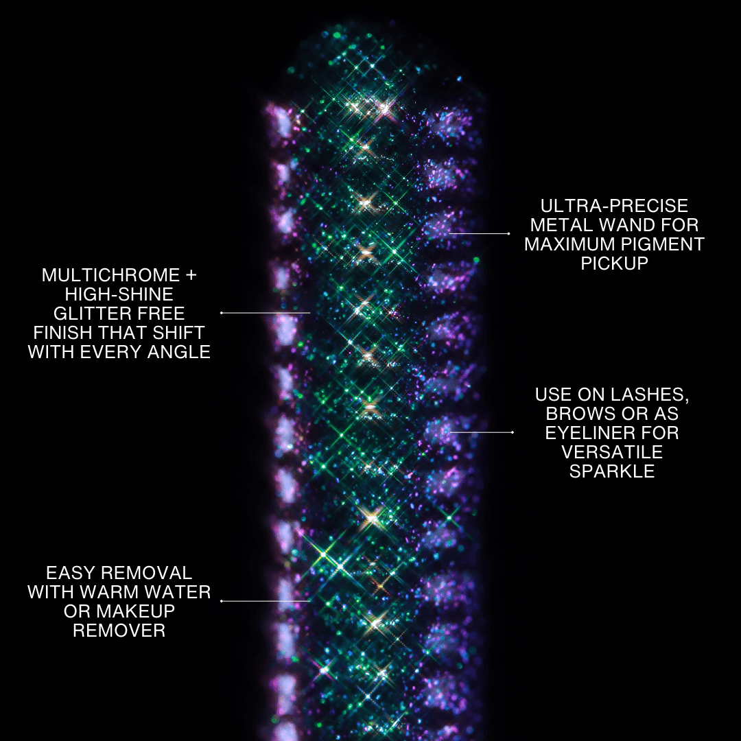 Close-up of a sparkly multichrome mascara wand against a black background.