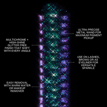 Close-up of a sparkly multichrome mascara wand against a black background.
