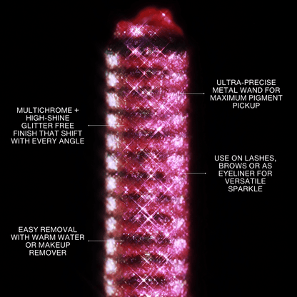 Close-up of applicator with a shiny multichrome pink glitter formula.