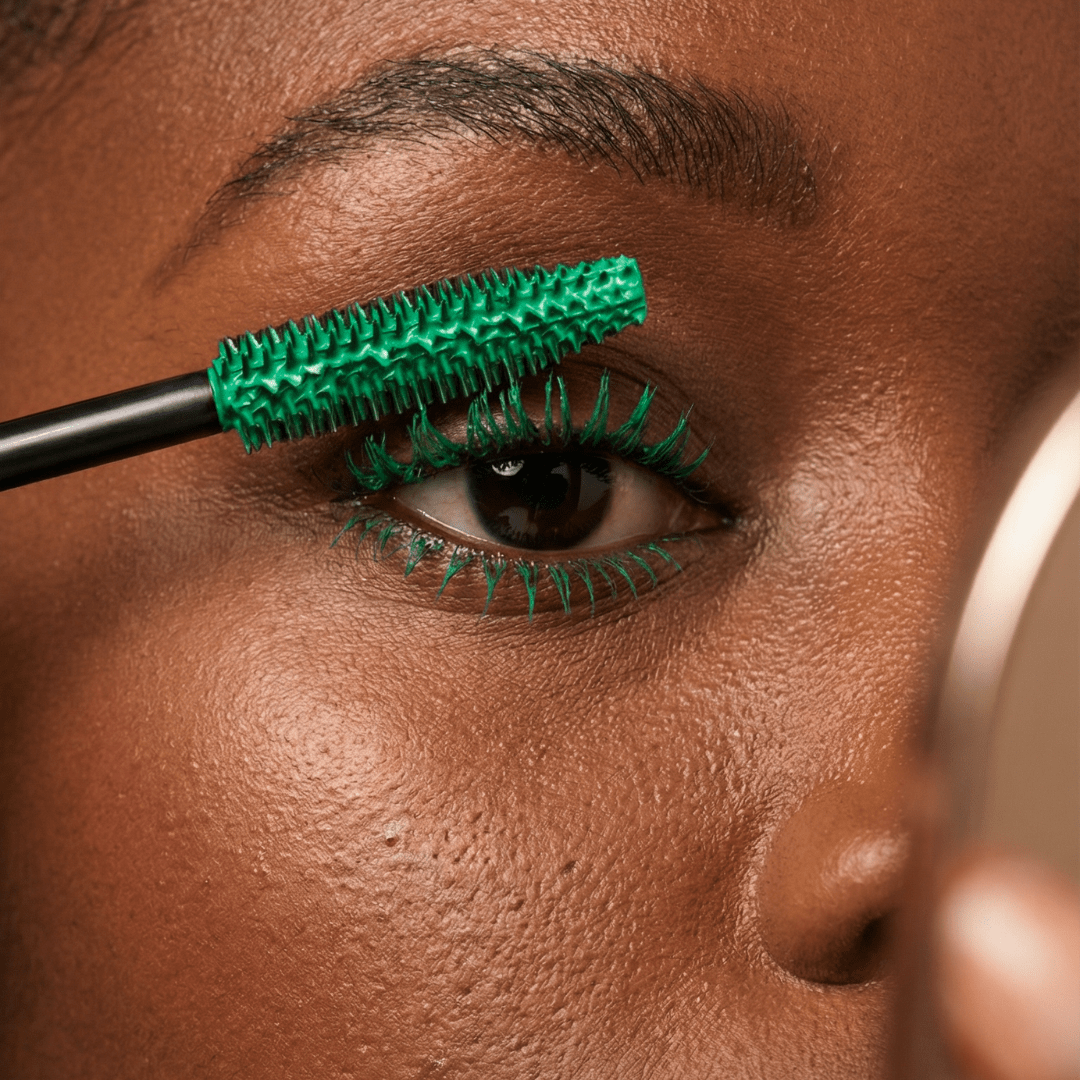 A person applies Rainforest Aurora mascara to their upper lashes in front of a mirror.