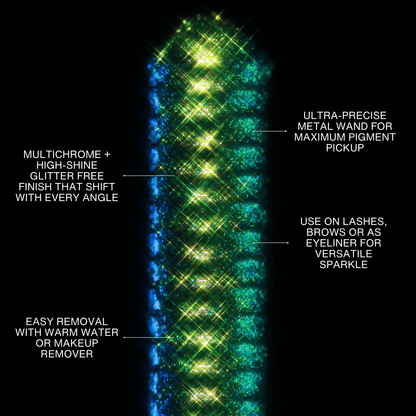 A close-up of a multichrome glitter mascara wand showing blue and green colors against a black background.