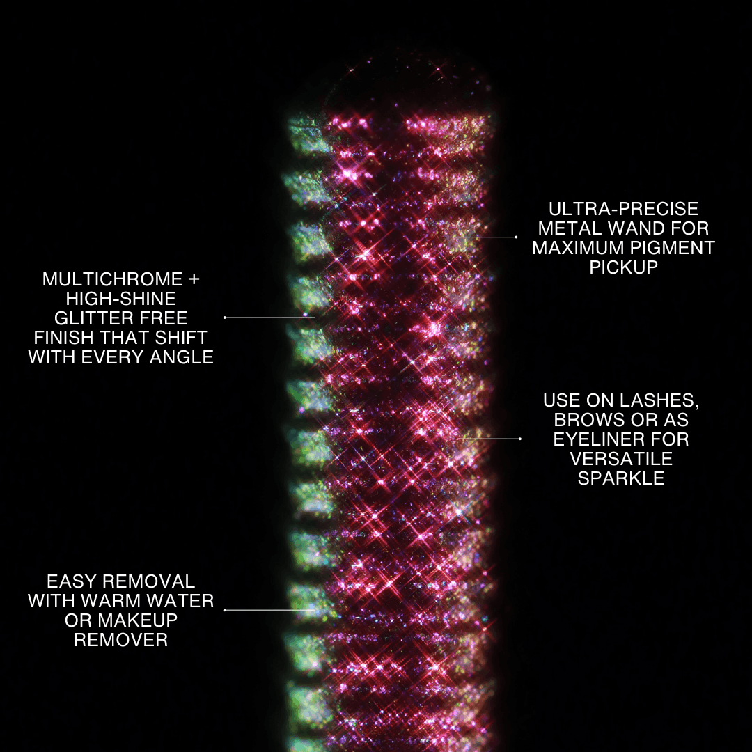A multichrome mascara wand with a sparkly finish is shown against a plain background.