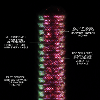 A multichrome mascara wand with a sparkly finish is shown against a plain background.