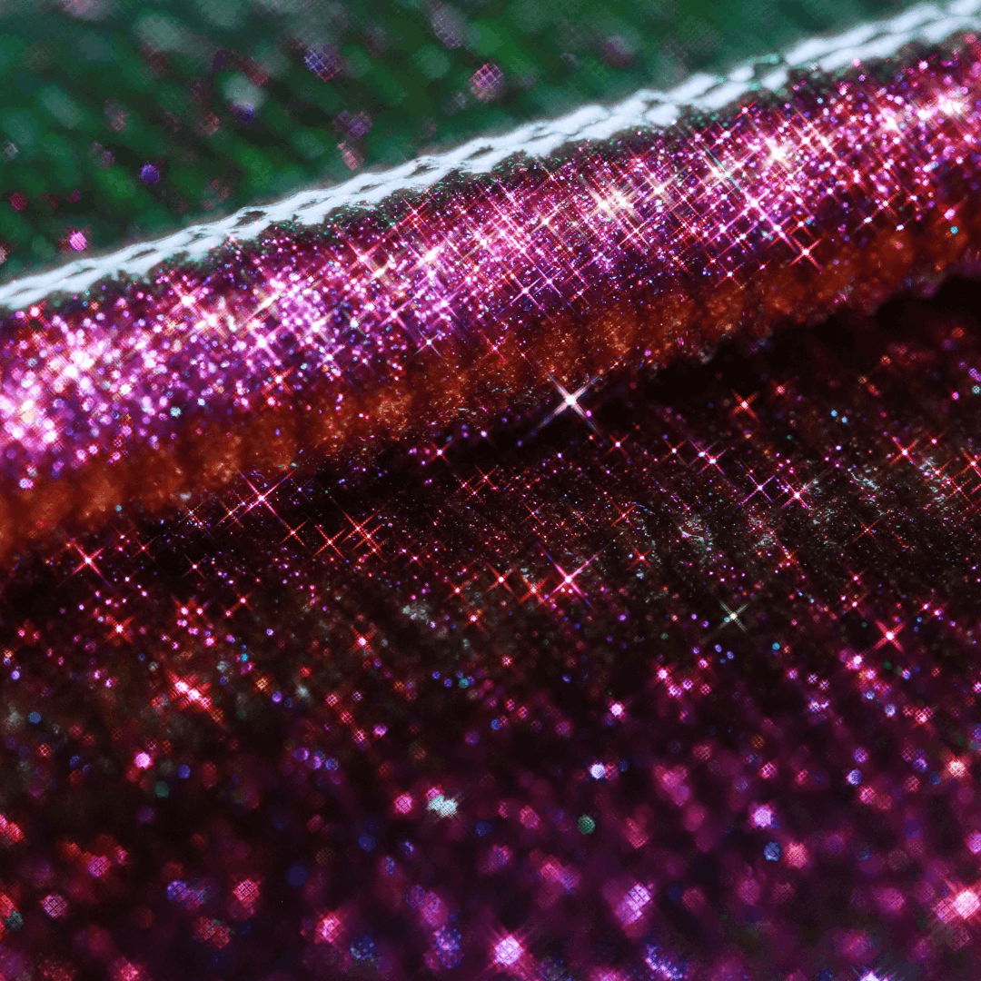 Close-up of a mascara topper with pink and purple glitter and iridescent reflections visible on the product.