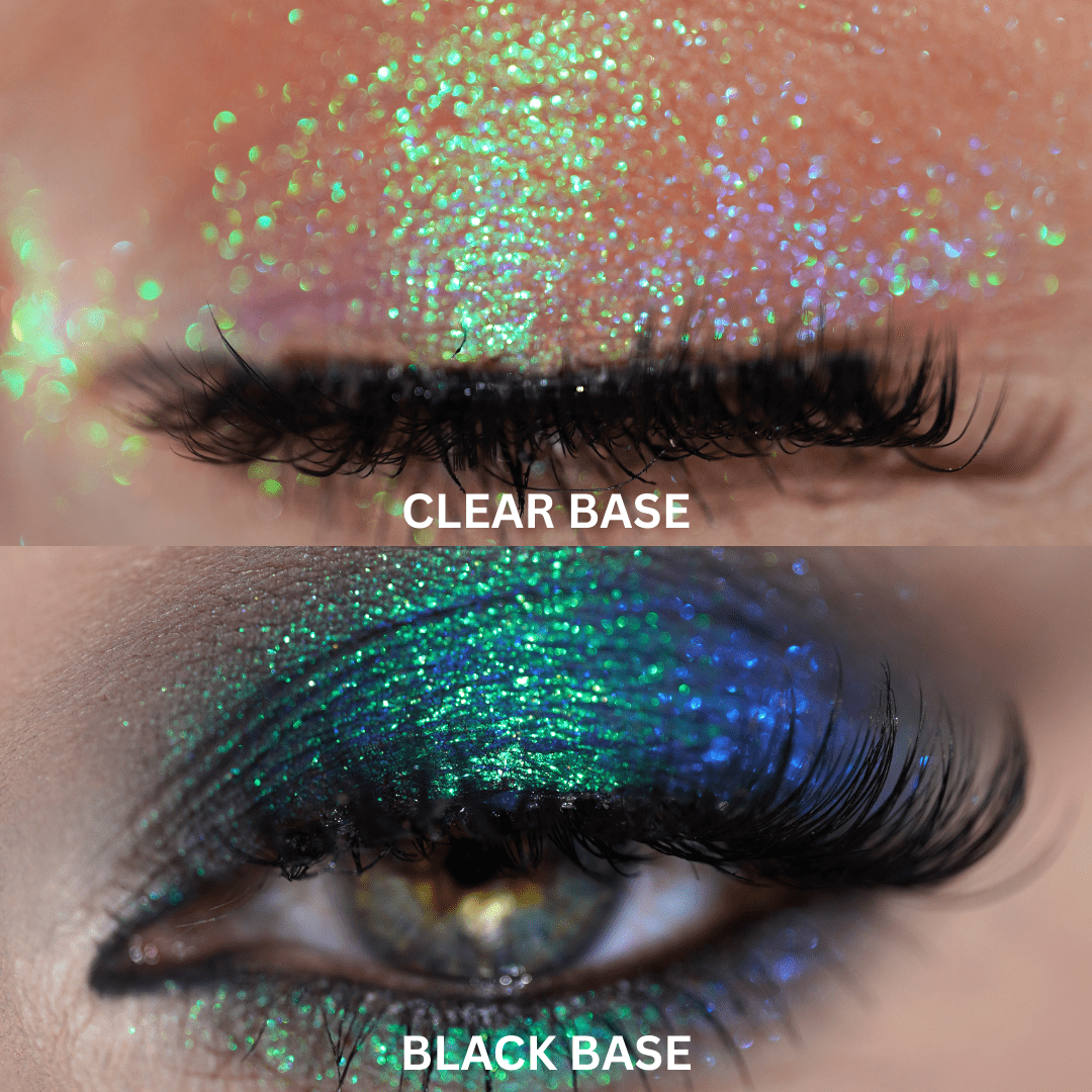 Close-up of an eyelid with green glitter eyeshadow applied on clear and black bases showing different levels of glitter brightness.