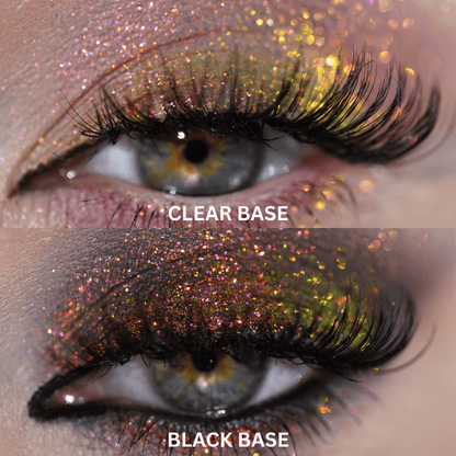 Close-up of two eyes, showing comparison between green glitter pigment applied on a clear base and a black base.