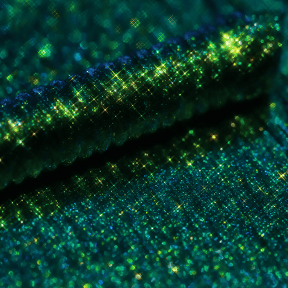 Close-up of mascara with sparkling green glitter and an iridescent, shimmering texture.