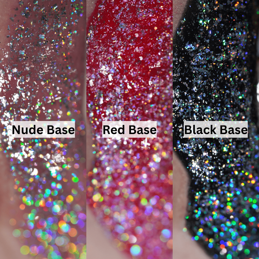 Three swatches of True Holo glitter lipgloss on nude, red, and black bases each labeled with their base color.