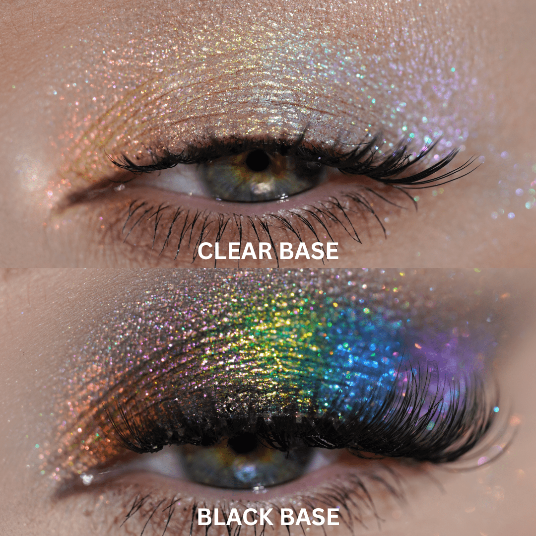 Close-up of an eye with shimmery pigment applied over clear and black bases showing a gradient of shifting colors.