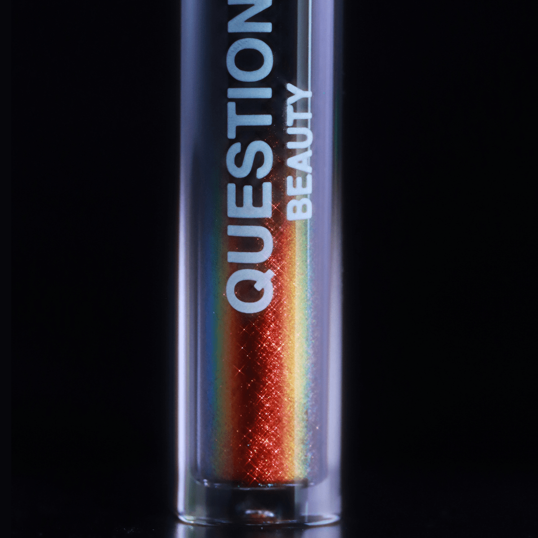 A tube labeled Question Beauty with a metallic rainbow gradient is set against a plain black background.