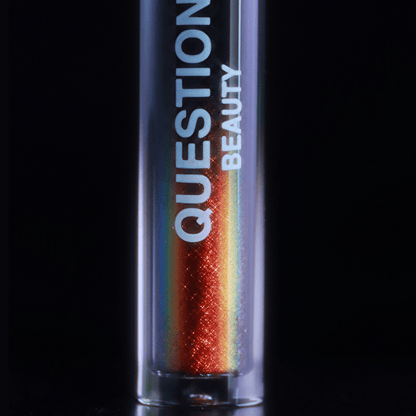 A tube labeled Question Beauty with a metallic rainbow gradient is set against a plain black background.