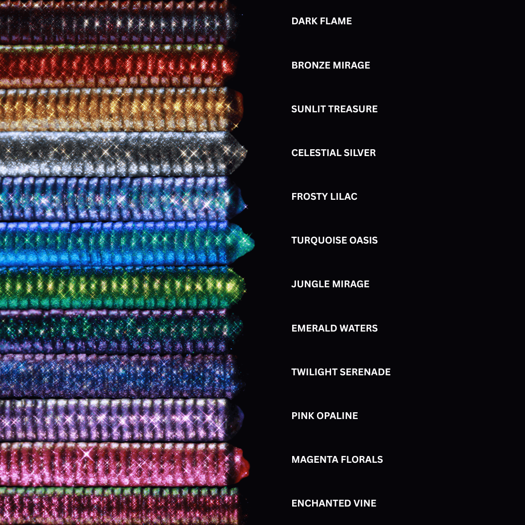 Mascara applicators in multiple shades arranged vertically with corresponding shade names