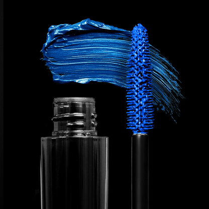 A blue mascara tube and a bold blue swatch are displayed on a black background.