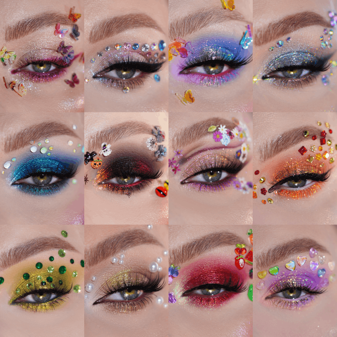 3x4 grid of close-ups on eyes in various styles of eyeshadow and gems